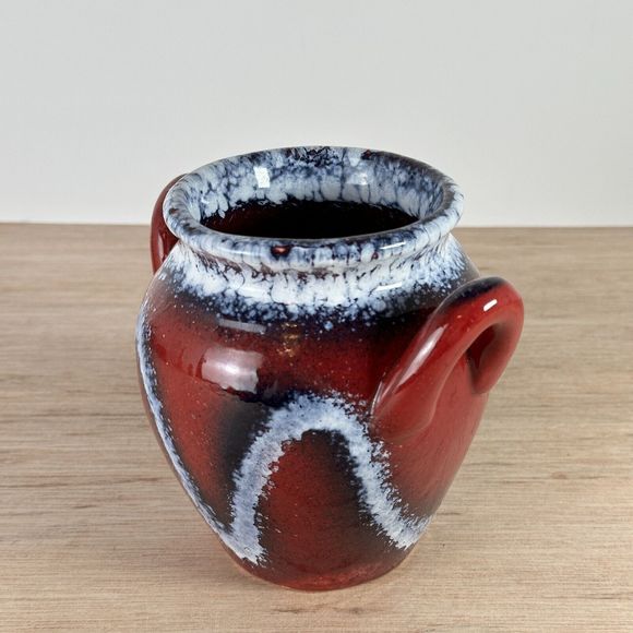 Studio Art Pottery Vase Two Handles Red Navy White Drip Glaze Splatter Squiggly - Picture 5 of 14